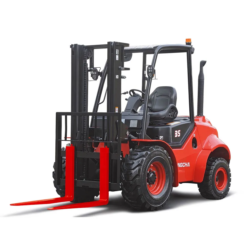 A red forklift with black tires and a raised lifting mechanism is parked on a white background.