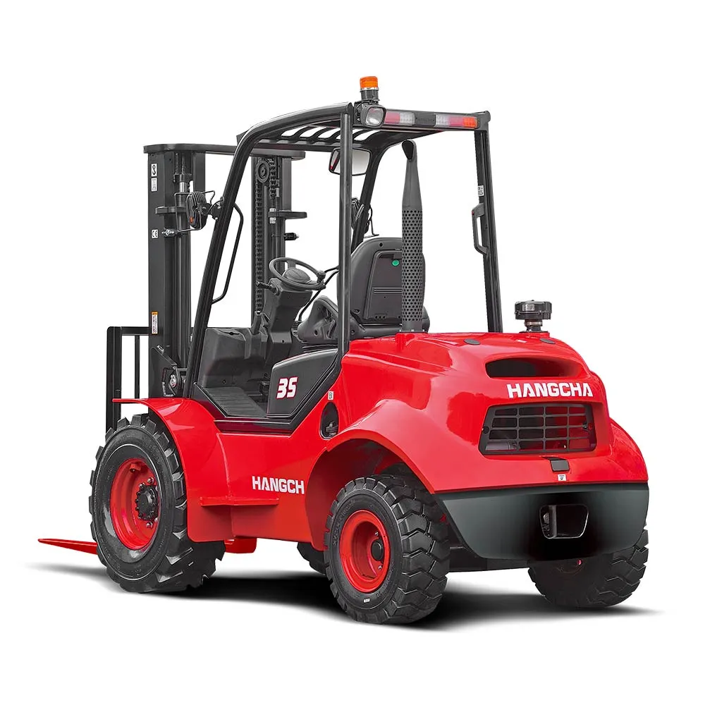 A red forklift with large tires is parked, viewed from the back and side.