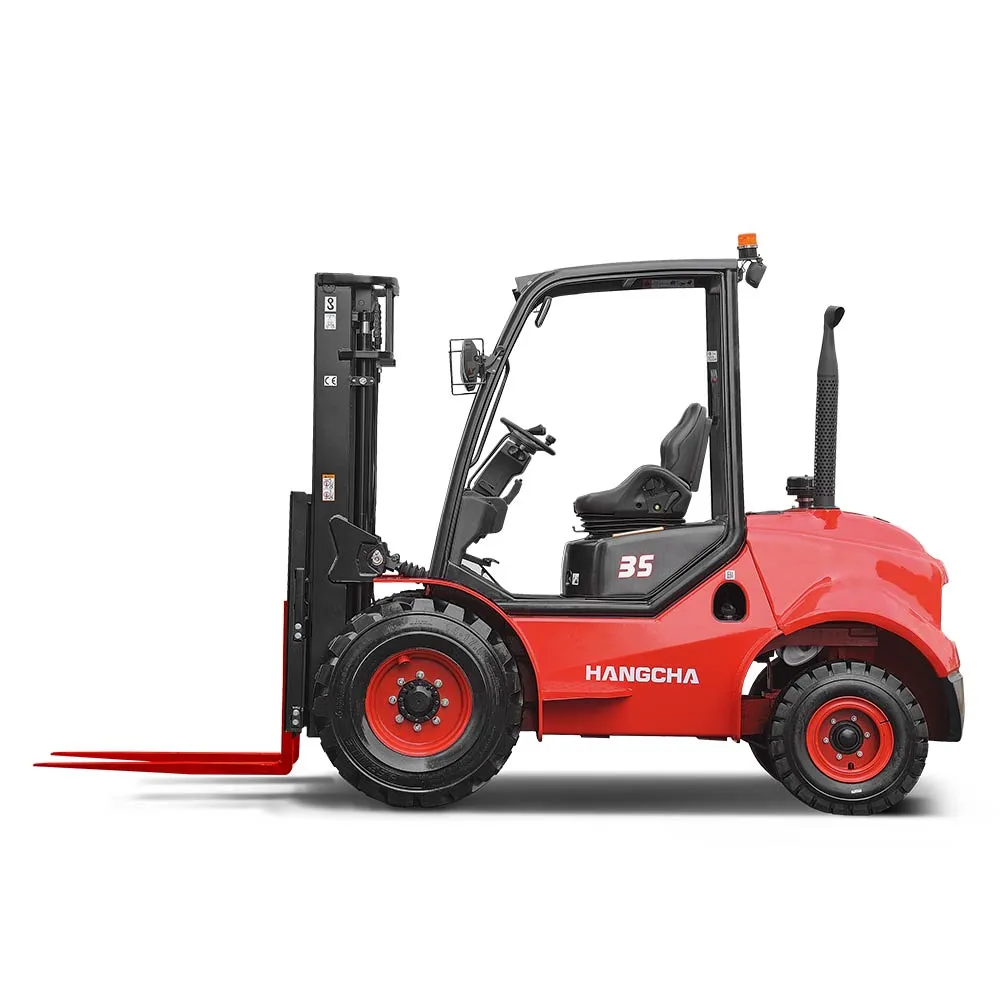 A red forklift with a protective cabin and extended fork, designed for lifting and moving materials.