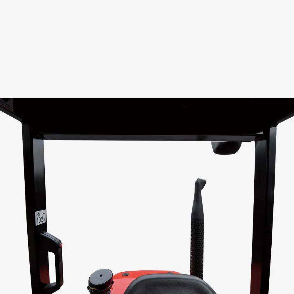 Close-up of a protective canopy over the seating area of a red forklift.